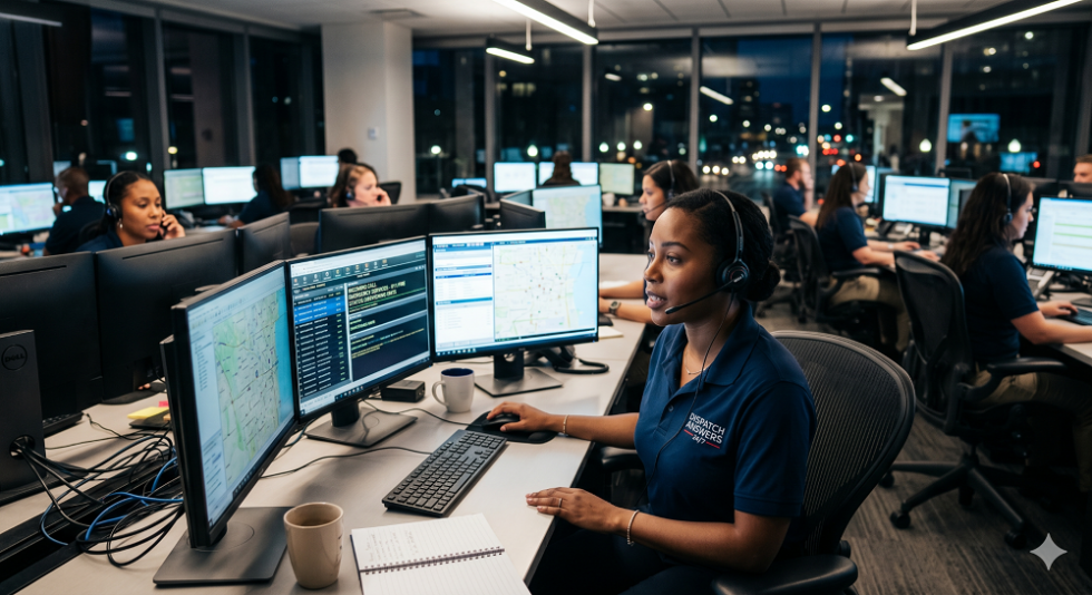 A bustling, modern dispatch call center at night, featuring multiple operators wearing headsets and sitting at desks with dual monitors
