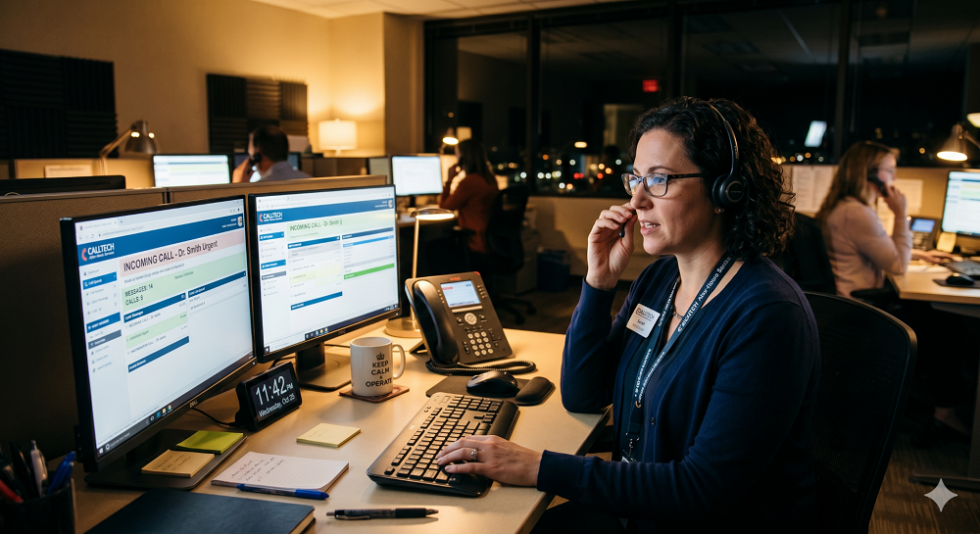 A photograph capturing a quiet, professional after hours call center during the night